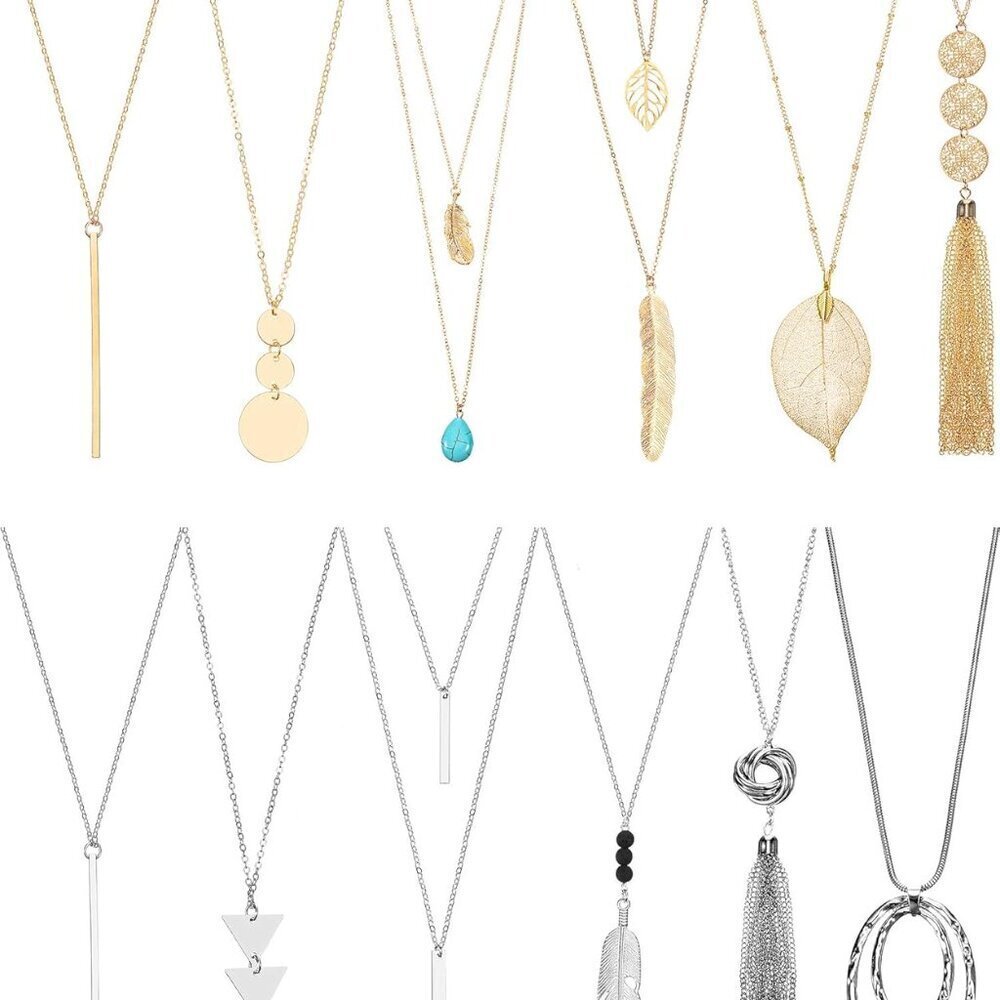 12 Pcs Long Pendant Necklace Set Tassel Leaf Circle Bar Women Jewelry